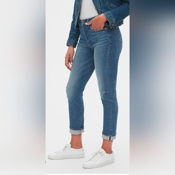 GAP High Rise Selvedge Cigarette Jeans Denim Dark Indigo Distress Size 8/29 Tall - Picture 1 of 10